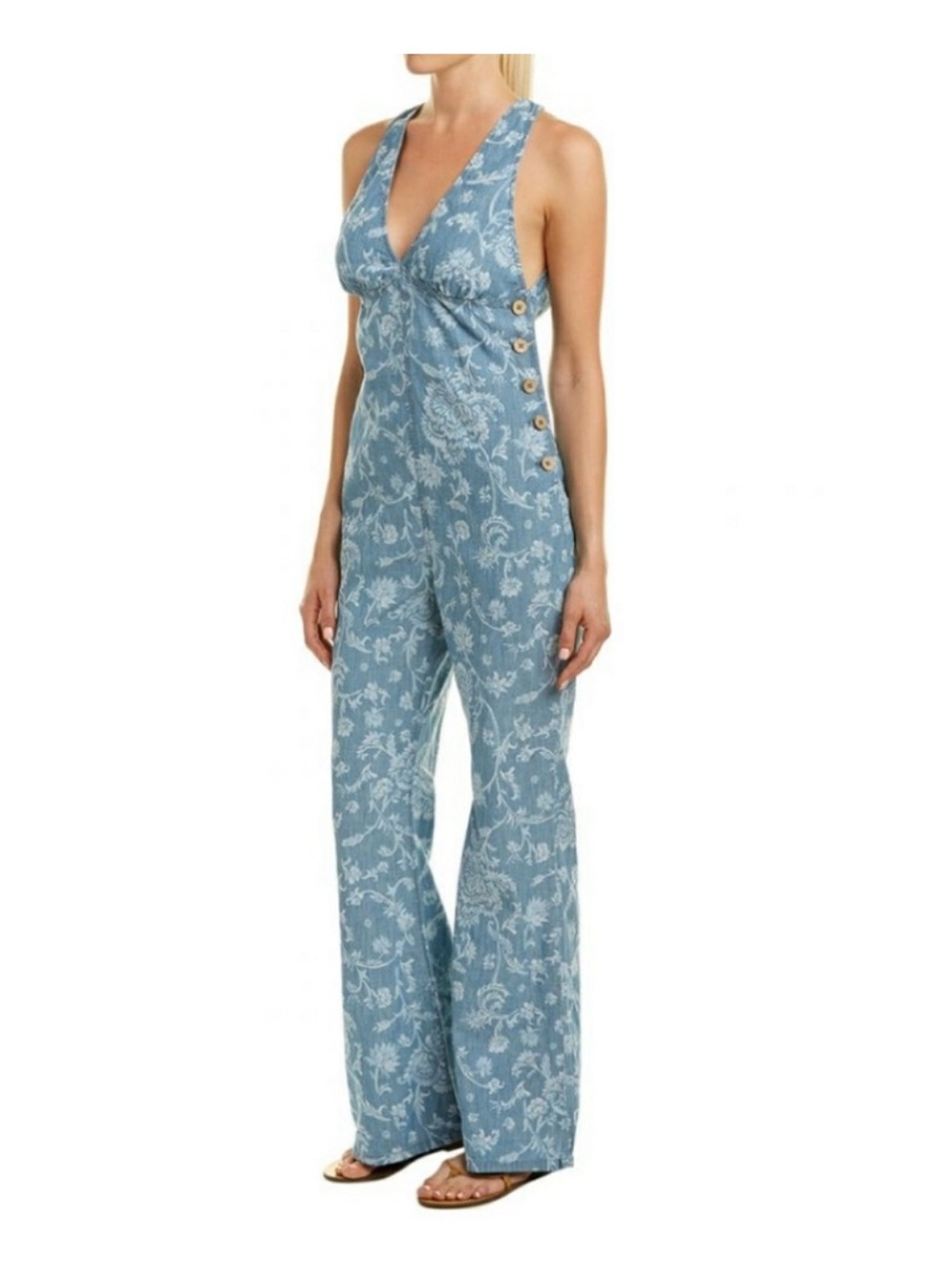 Free People Dance All Night Jumpsuit Women’s Size 6 Floral Denim Flare B1